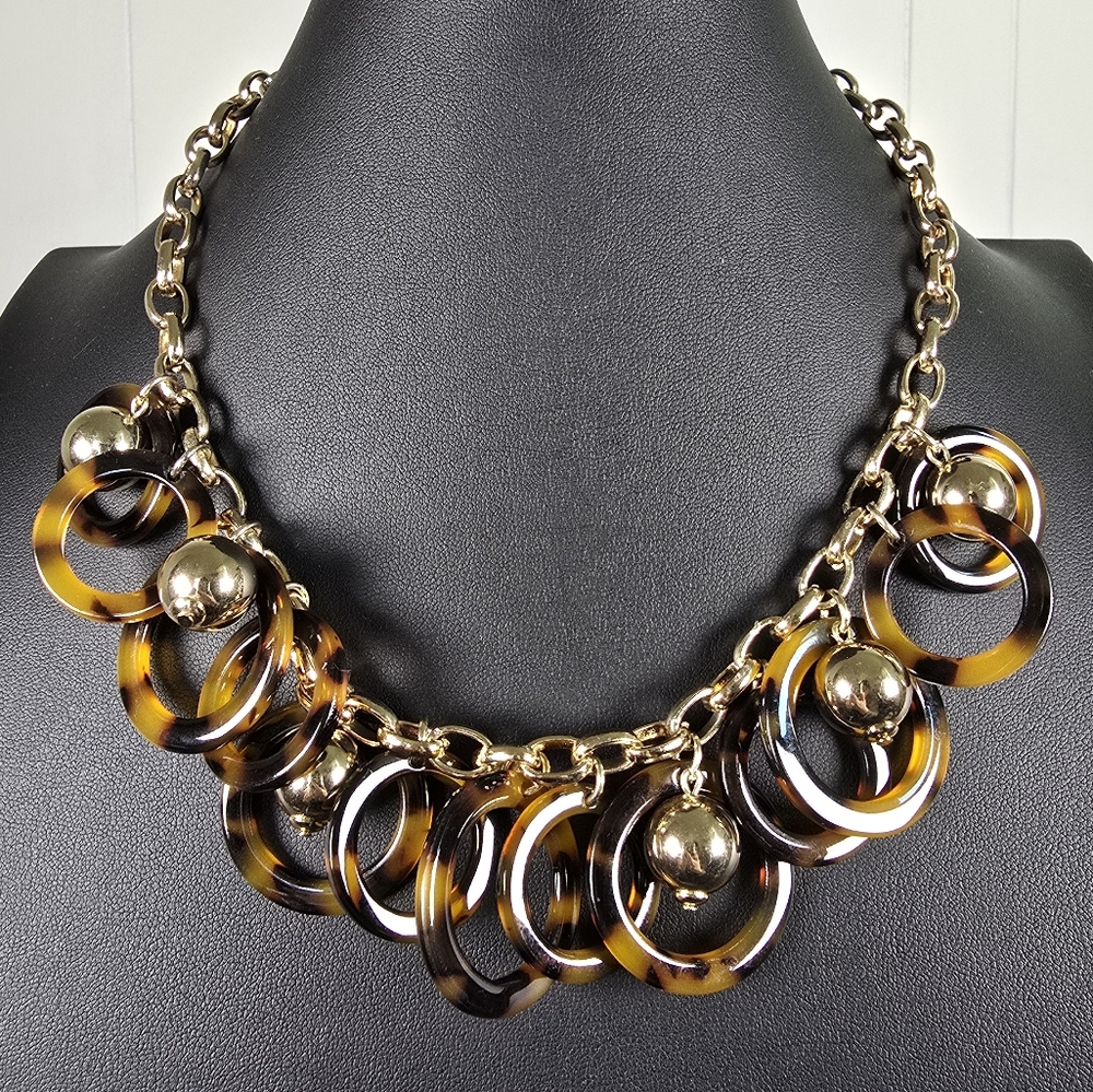 J. Crew Necklace with Lucite Tortoiseshell Rings and Gold Tone Baubles